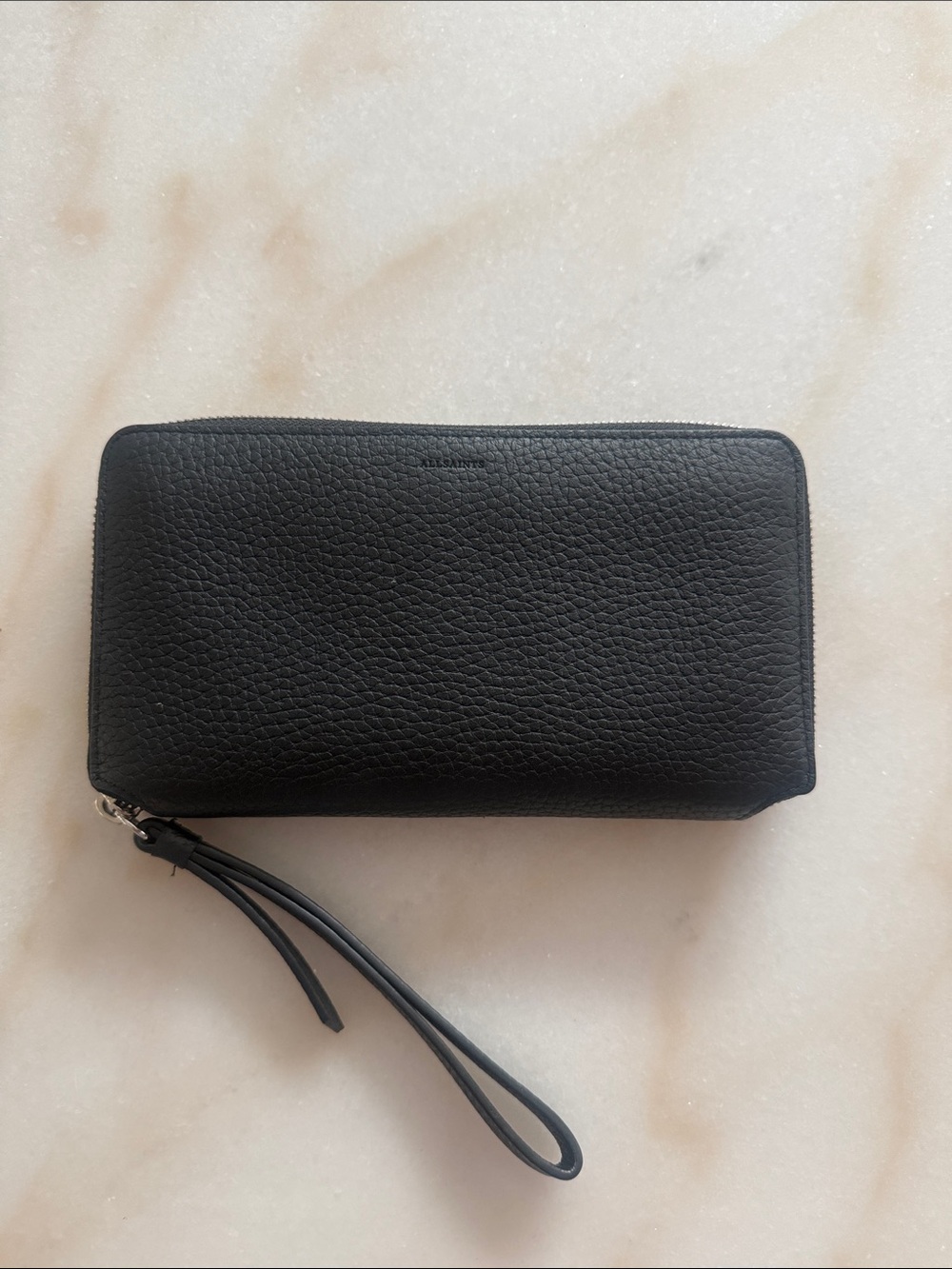 All Saints Black Leather Zip Wristlet Wallet